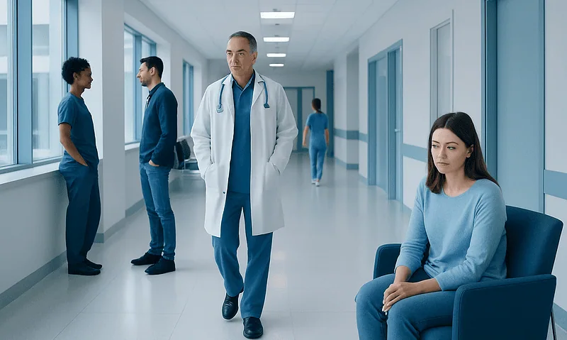Hospital corridor with medical staff and a patient sitting on a chair.