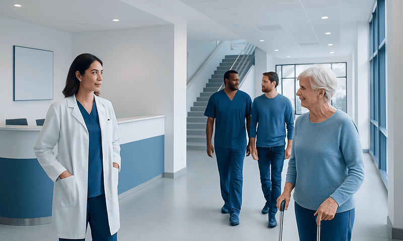 Healthcare professionals and an elderly patient in a modern hospital corridor.
