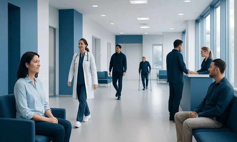 Patients and medical staff in a modern hospital waiting area.