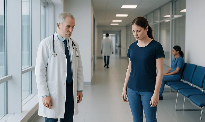 Doctor consulting a young woman in a hospital corridor.