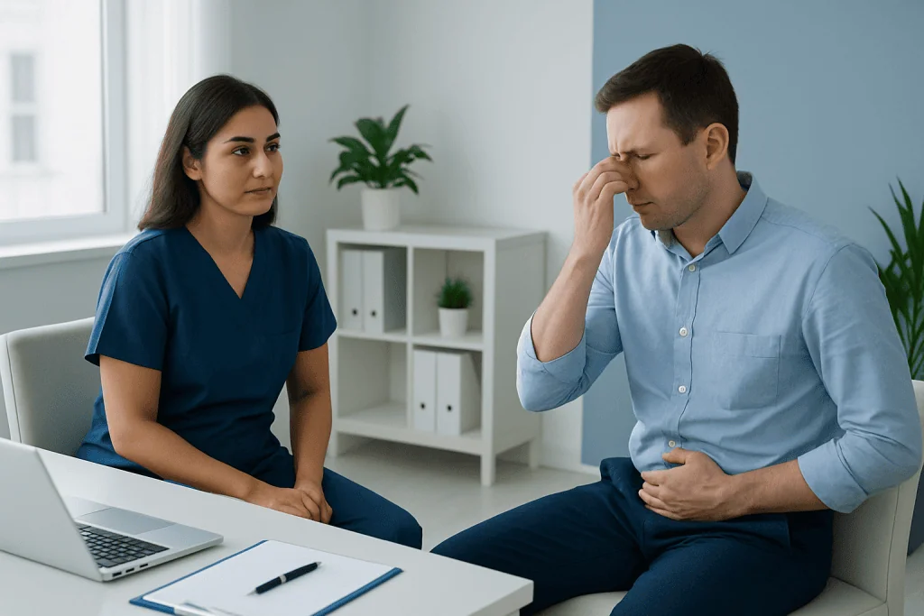 Man experiencing stomach discomfort during medical consultation.