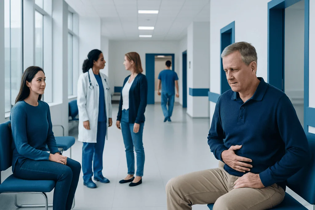 Flatulence: What Patients Need to Know 1 Patient experiencing abdominal discomfort in hospital corridor.