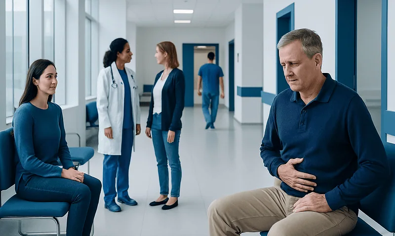 Patient experiencing abdominal discomfort in hospital corridor.