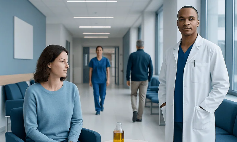 Doctor and patient in hospital corridor with medical staff in background.
