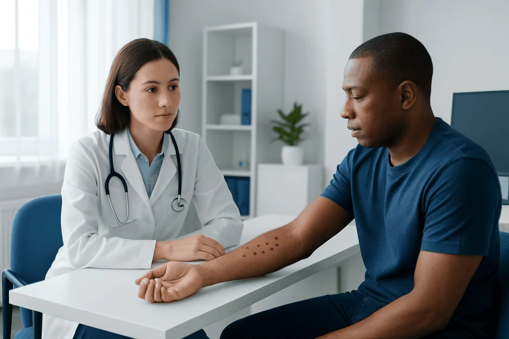 Doctor examines patient's arm for flea bites in a clinical setting.