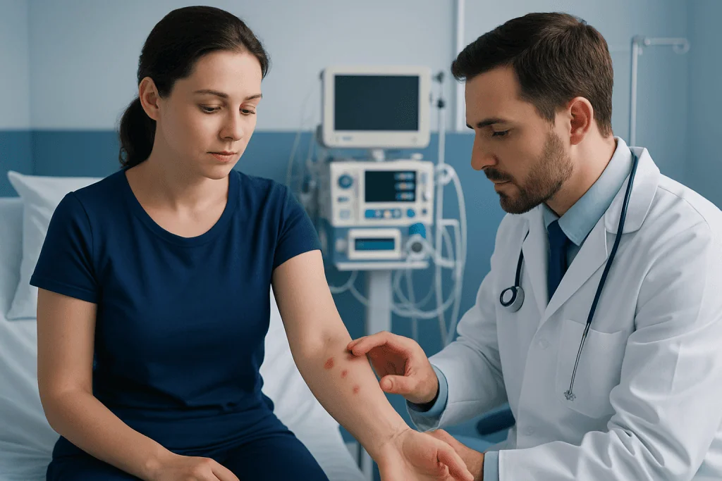 Doctor examines patient's arm with skin rash in hospital setting.