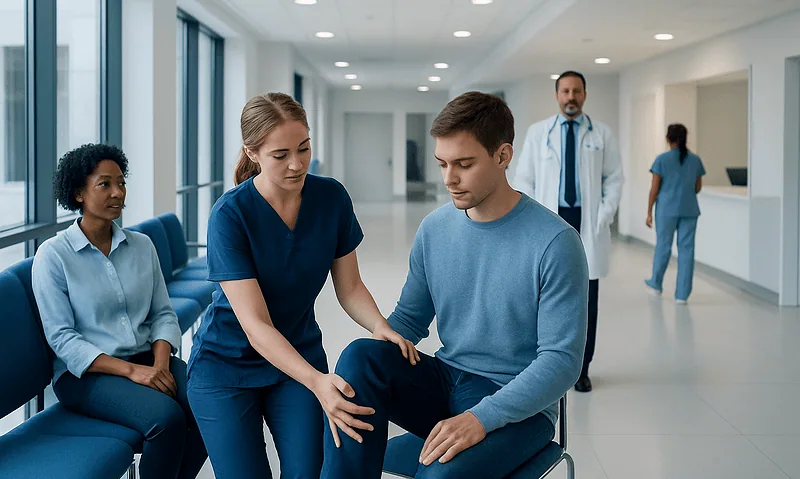 Medical professional examines patient's knee in hospital corridor.