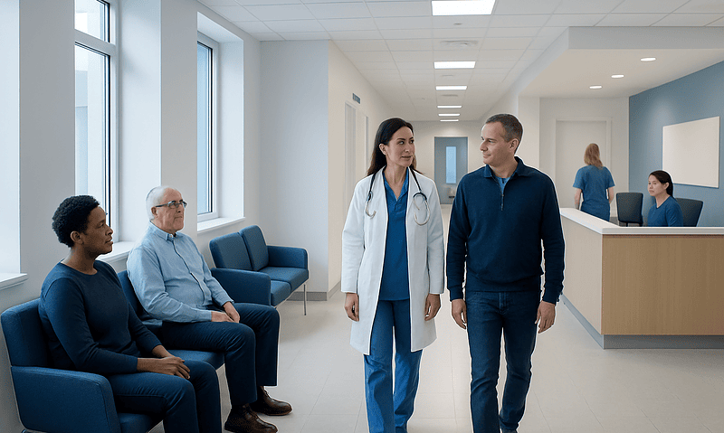 Flu Med: An Evidence-Based Guide for Patients 8 Healthcare professionals and patients in a modern hospital waiting area.