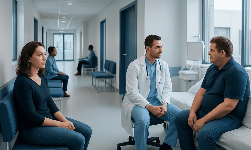 Doctor consulting with patient in hospital corridor with waiting patients nearby.