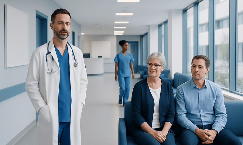 Medical team in hospital corridor with patient and doctor.