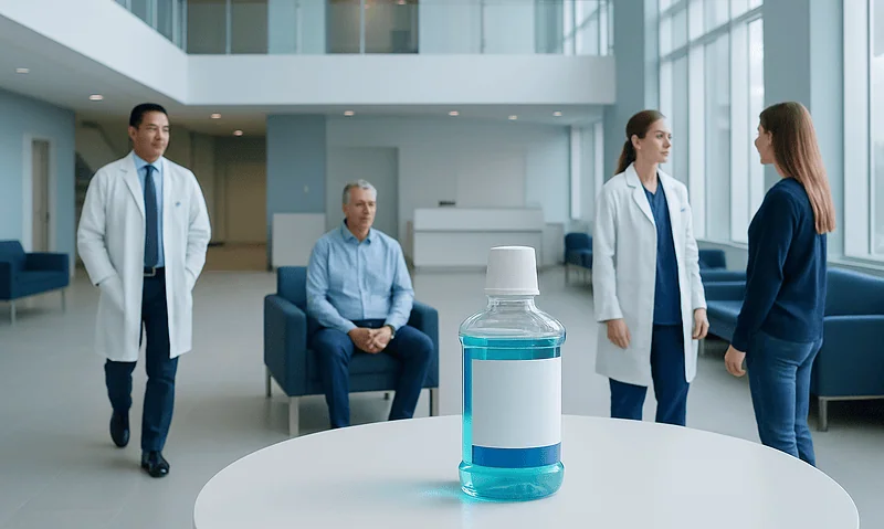 Medical professionals discuss fluoride mouthwash in hospital lobby.