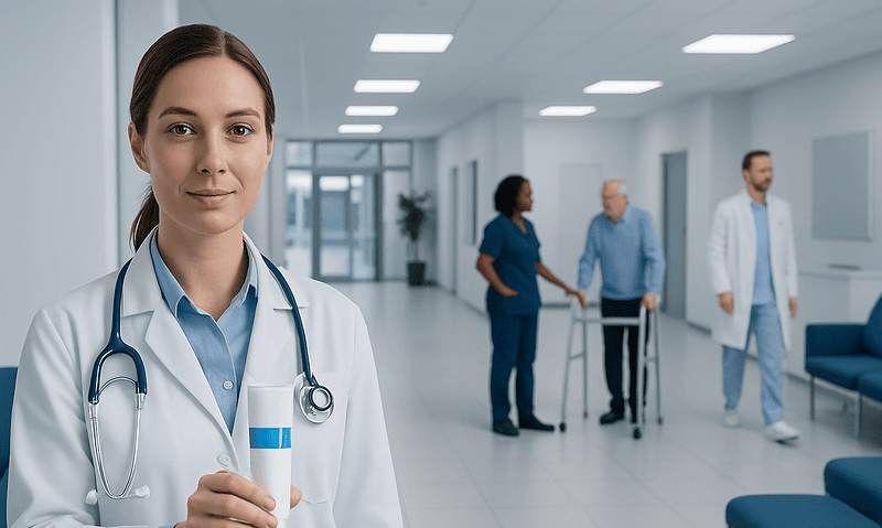 Female doctor holding a fluoride toothpaste tube in hospital corridor.