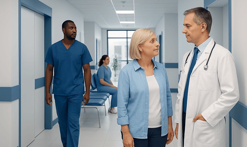 Medical staff discussing patient care in hospital corridor.