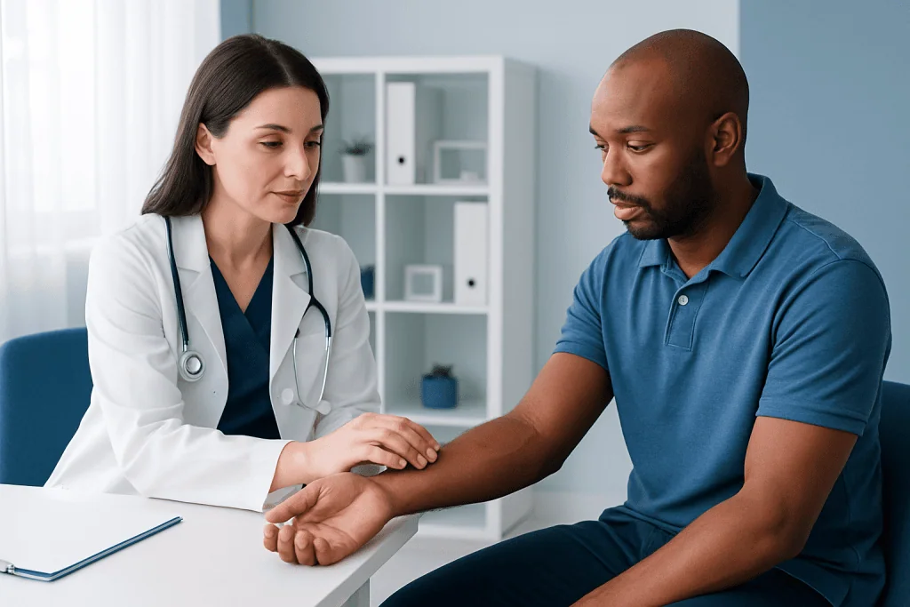 Doctor examining patient's arm in a medical consultation room.