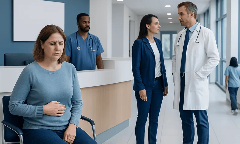Patient experiencing abdominal pain in hospital waiting area.