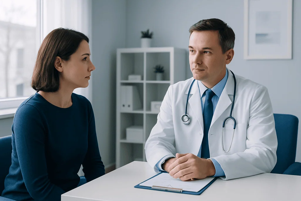 Doctor consulting with a female patient in a modern clinic setting.