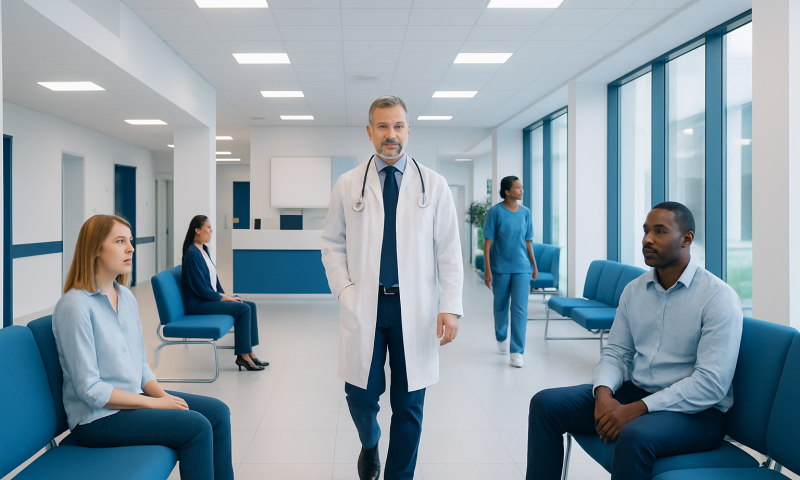 Doctor walking in hospital corridor with patients waiting.