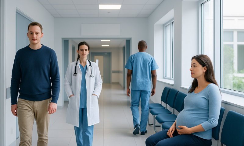 Pregnant woman waiting in hospital corridor with medical staff nearby.