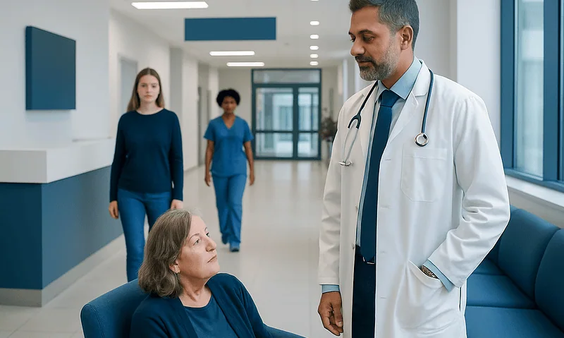 Doctor consulting with a patient in a hospital corridor.