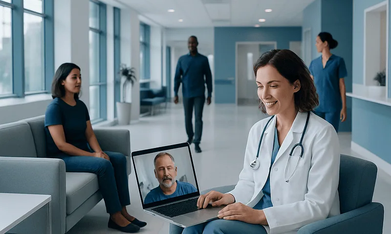 Doctor conducting a virtual consultation with a patient in a hospital corridor.