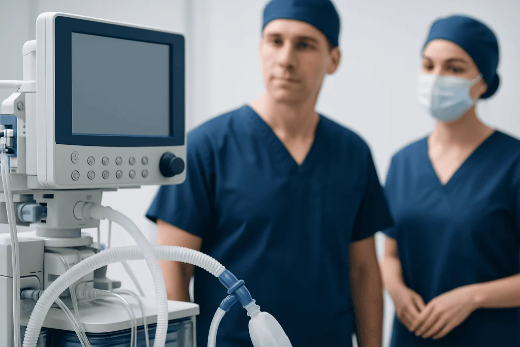 Medical professionals in scrubs and masks with ventilator equipment in hospital.