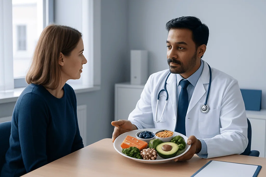 Doctor explaining anti-inflammatory foods to a patient in a consultation room.