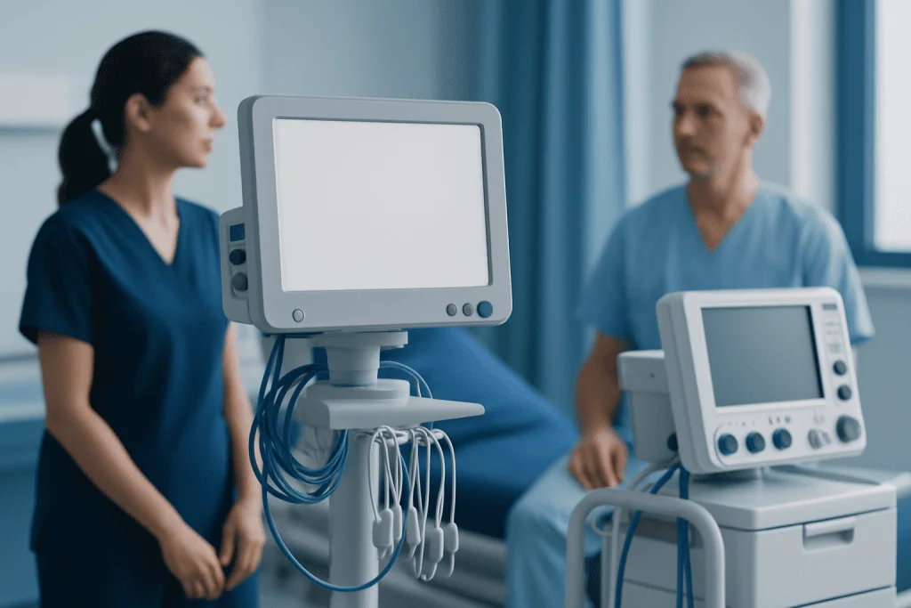 Medical professionals in a hospital room with monitoring equipment.