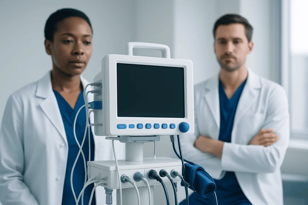 Medical professionals with monitoring equipment in a hospital setting.