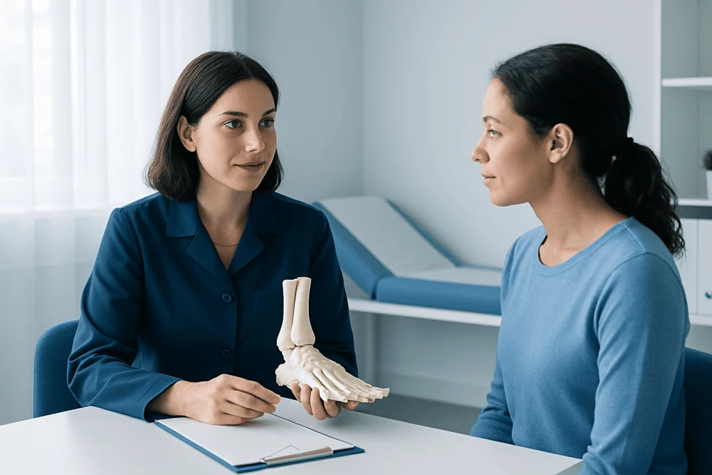 Medical consultation discussing foot anatomy with a model of the foot bones.