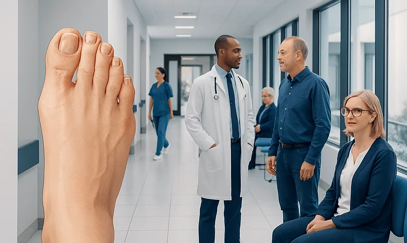 Foot examination at a hospital with medical staff and patient in a clinical setting.