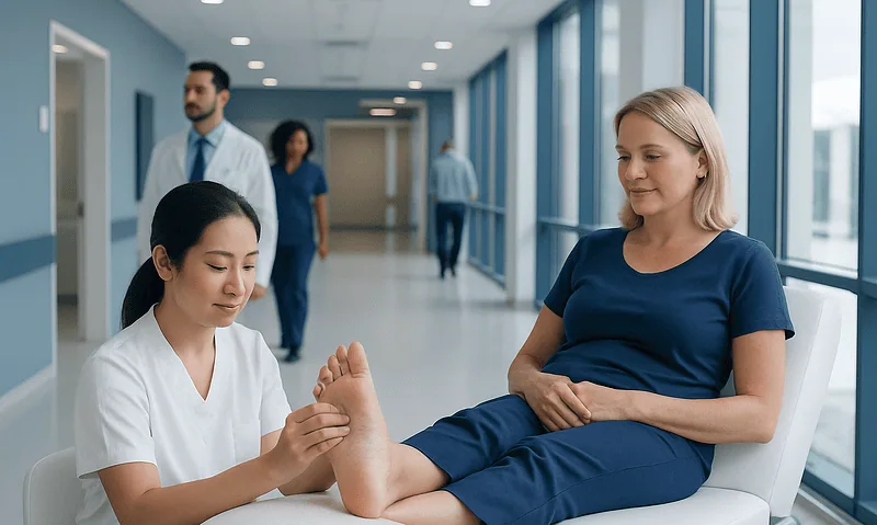Patient receiving foot reflexology treatment in a modern hospital corridor.