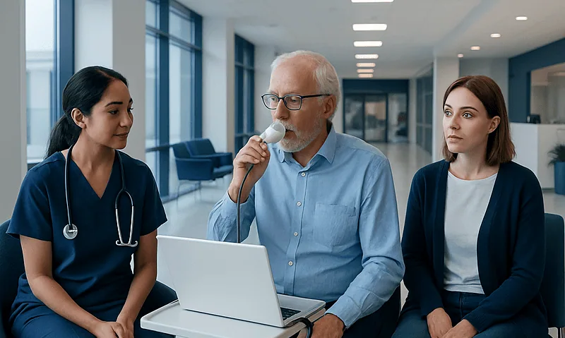 Doctor performing spirometry test with two nurses in hospital setting.