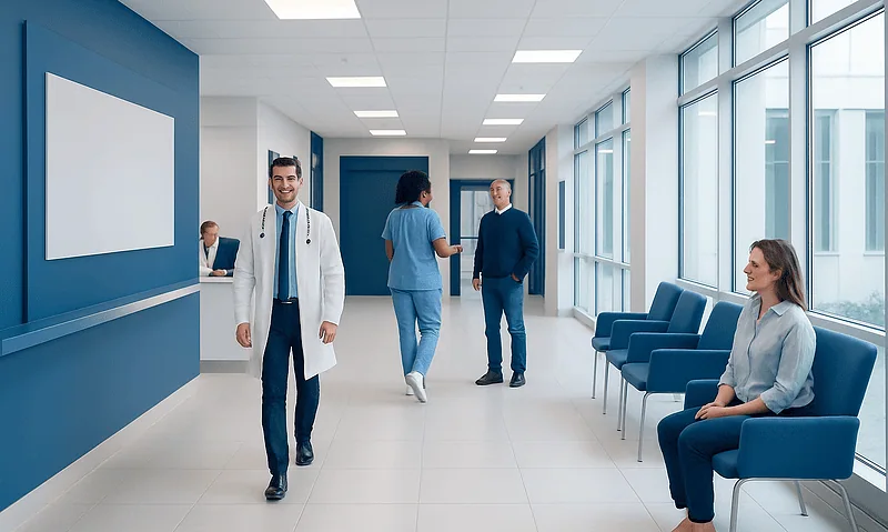 Modern hospital corridor with medical staff and patients.
