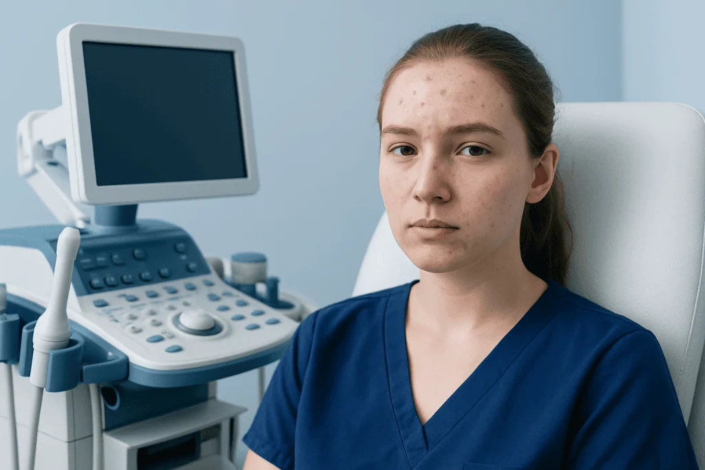 Young woman in medical scrubs sitting in a clinic with ultrasound equipment.