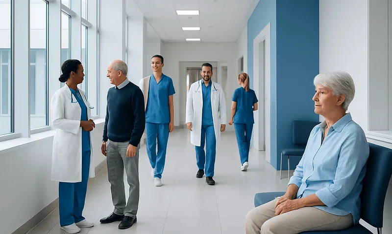 Healthcare professionals and patient in a modern hospital corridor.