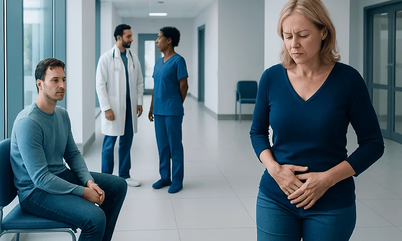 Woman experiencing abdominal discomfort in a hospital corridor with medical staff nearby.