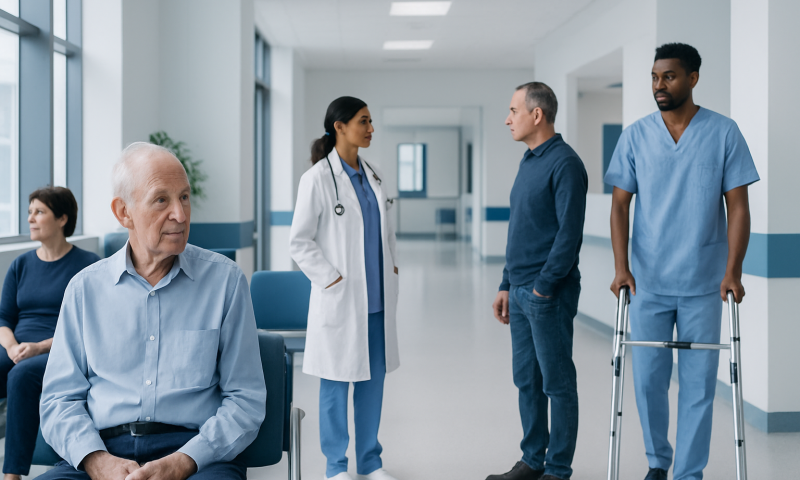 Medical team consulting with elderly patient in hospital corridor.