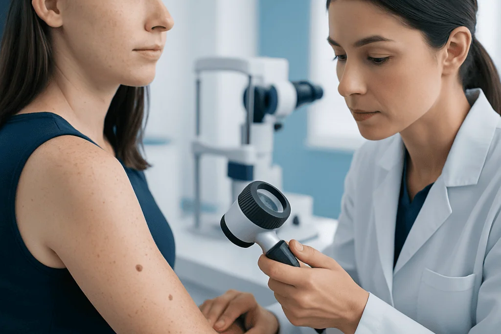 Dermatologist examining a patient's skin with a dermatoscope in a clinical setting.