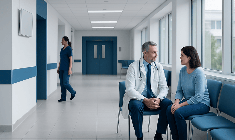 Doctor consulting with a patient in a modern hospital corridor.