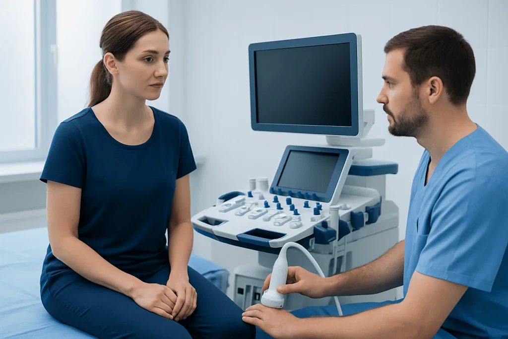 Doctor performing ultrasound examination on a female patient in a medical clinic.