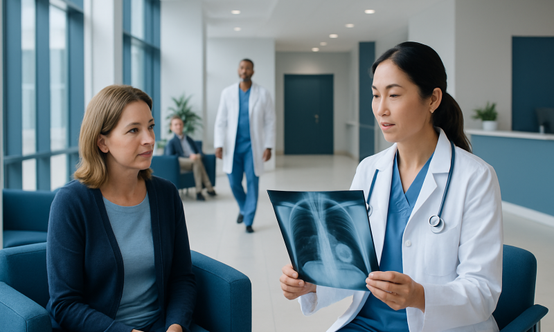 Doctor explaining X-ray results to a patient in a hospital corridor.