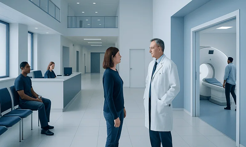 Doctor talking to patient in hospital corridor near MRI machine.