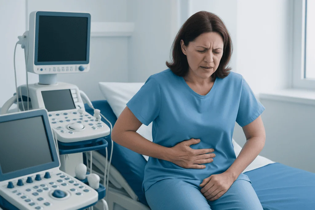 Woman experiencing abdominal pain in a hospital room with medical equipment.