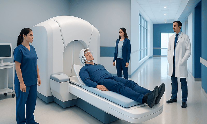 Patient undergoing MRI scan at Acibadem Hospital with medical staff present.