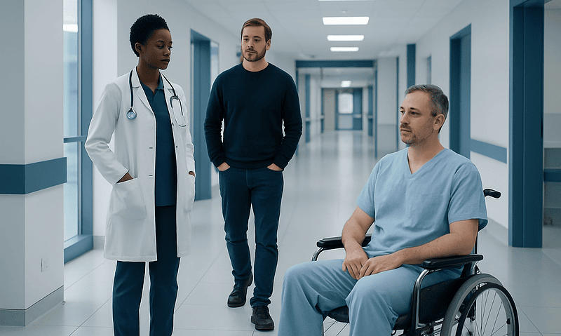 Medical team consulting a patient in a hospital corridor.