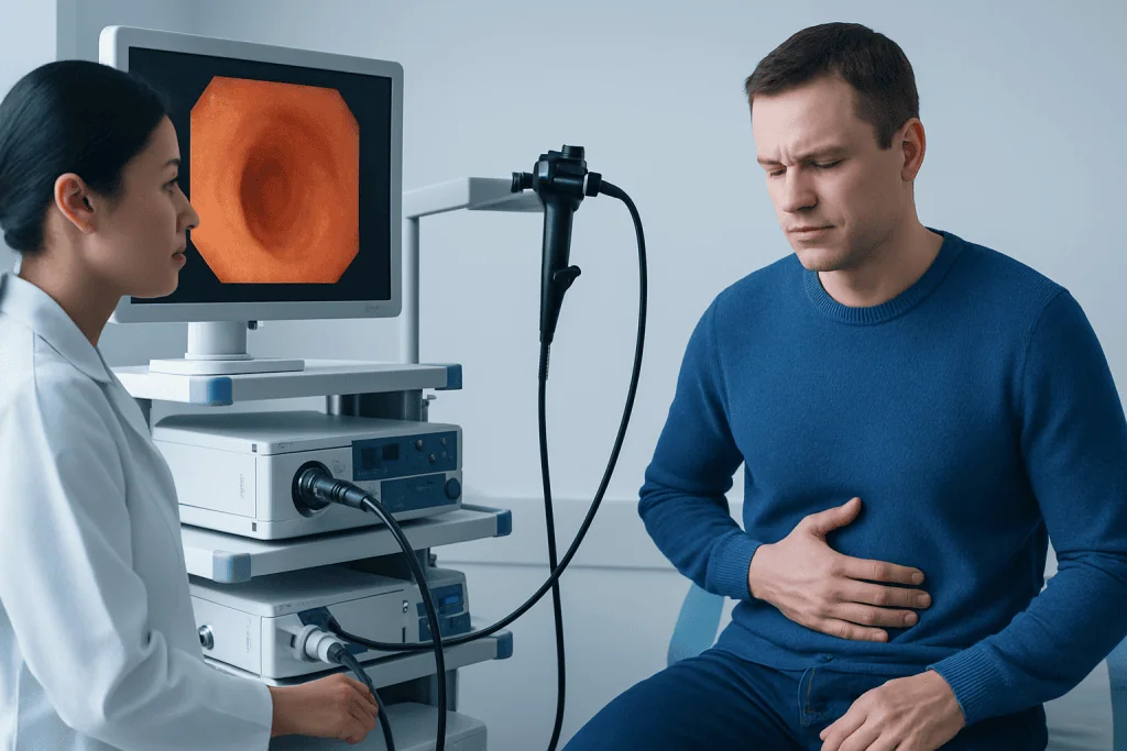 Gastroenterologist examining patient with endoscopy equipment in clinic.