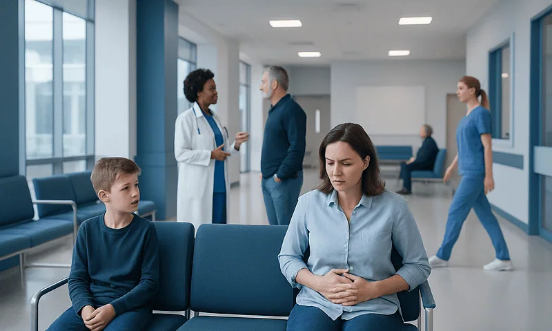 Patient experiencing stomach pain in hospital waiting area.