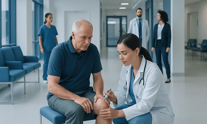 Doctor examining knee of elderly male patient in hospital corridor.