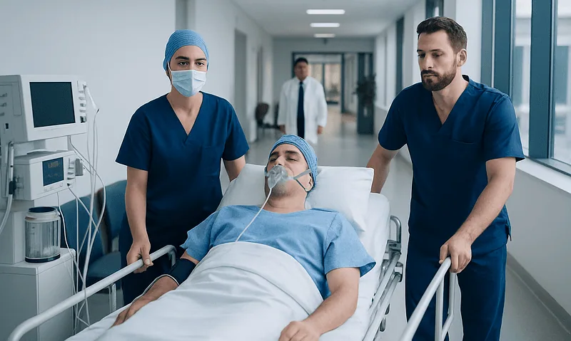Medical team transporting a patient in a hospital corridor.