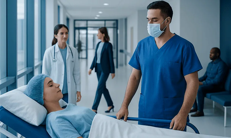 Medical team preparing patient for surgery in hospital corridor.